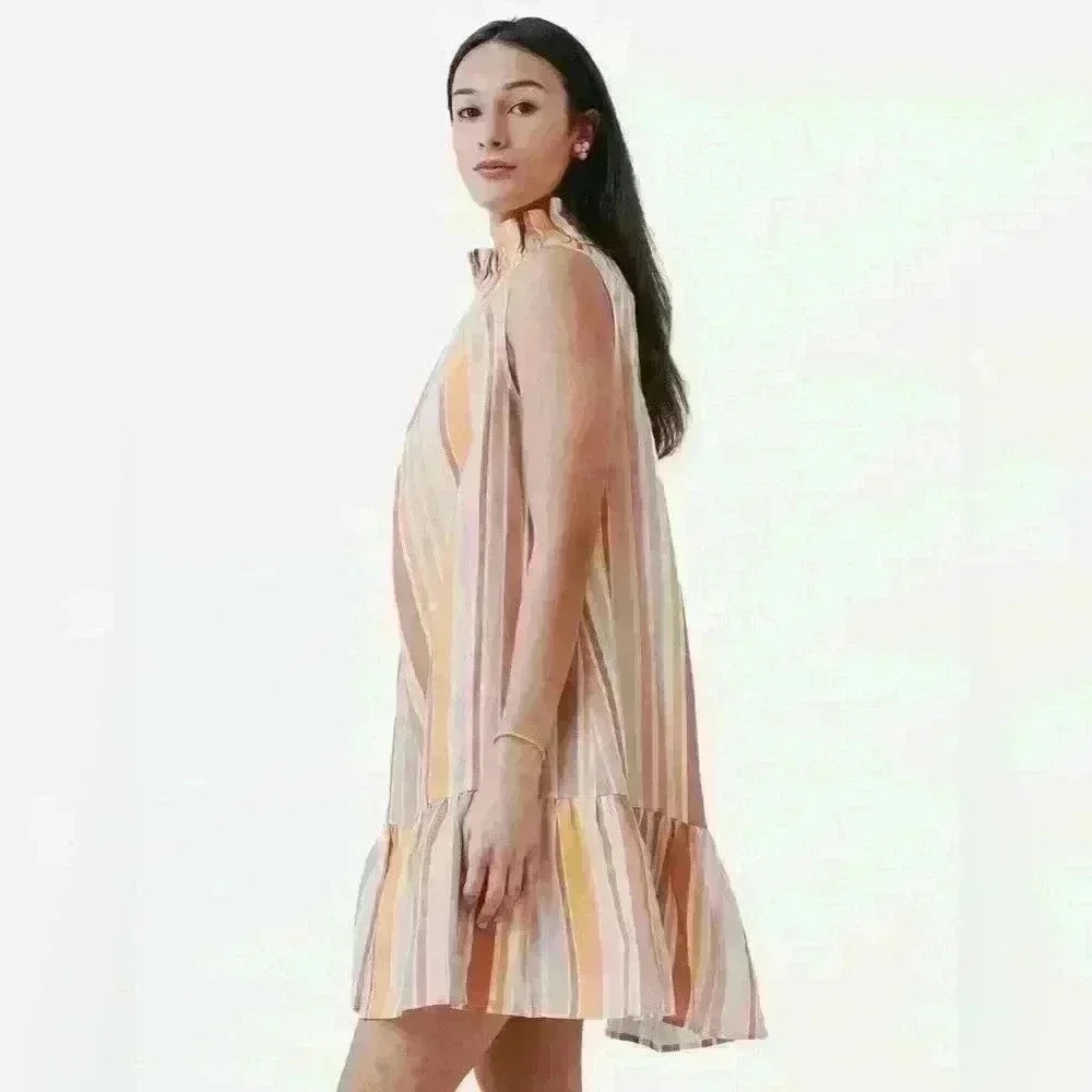 NWT EPHEMERA Women's Garland Striped High Neck Mini Dress Size Medium 100% Linen - Picture 3 of 9